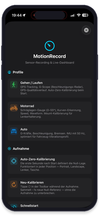 MotionRecord: Profile – Motorrad, Gehen & Auto