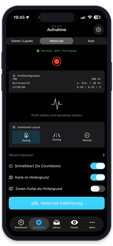 MotionRecord: Aufnahme – IMU 100 Hz · Butterworth-Filter