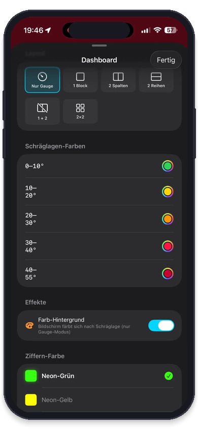 MotionRecord: Live-Dashboard – Schräglagen-Gauge mit 5 Farbzonen